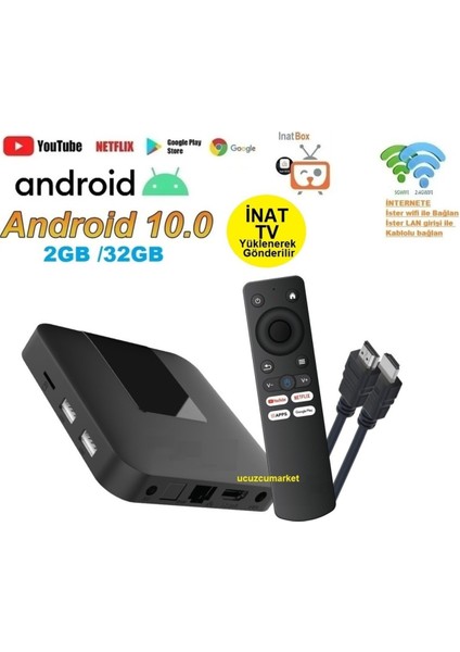 Android 10 Tv Box, 2gb Ram, 32GB Hafıza, Inat Tv Yüklemeli, Hızlı ve Güçlü