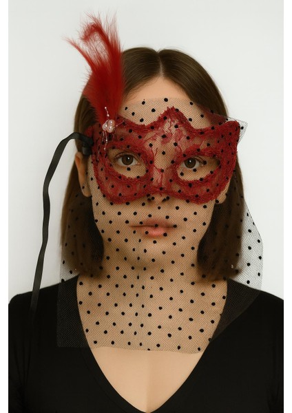 Kırmızı Renk Dantelli Duvaklı İncili Parti Maskesi B