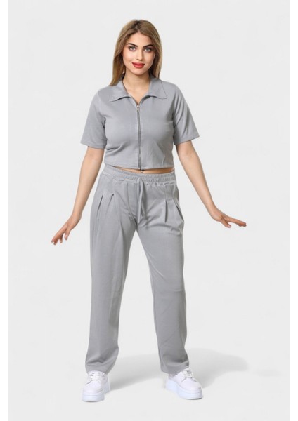 Polo Yaka Ferumar Detaylı Cepli Pamuklu Tüylenmez Rahat Kalıp Bluz ve Pantolon Takım - Gri