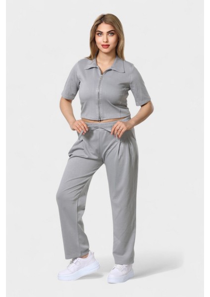 Polo Yaka Ferumar Detaylı Cepli Pamuklu Tüylenmez Rahat Kalıp Bluz ve Pantolon Takım - Gri fiyatları
