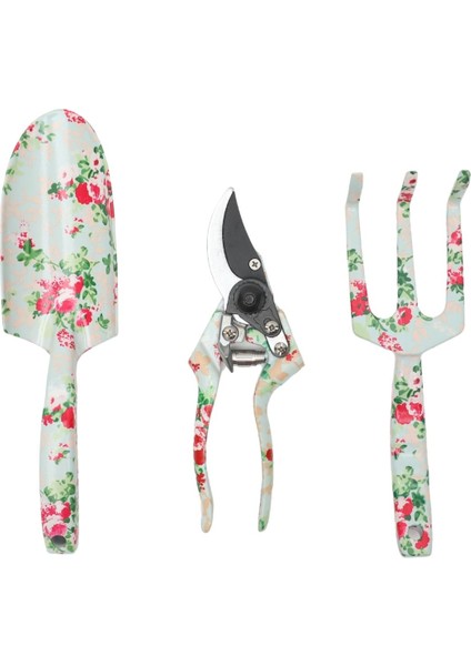 3lü Pastel Çiçek Desenli Bahçe Aletleri Seti, Kürek, Gül Çiçek Budama Makası, Tırmık