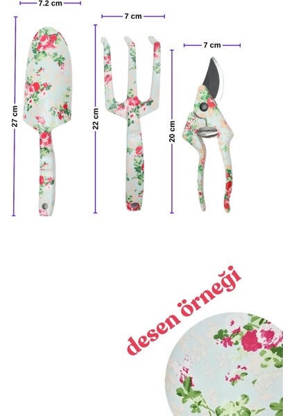 3lü Pastel Çiçek Desenli Bahçe Aletleri Seti, Kürek, Gül Çiçek Budama Makası, Tırmık modelleri