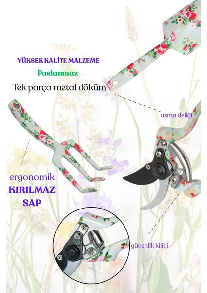 3lü Pastel Çiçek Desenli Bahçe Aletleri Seti, Kürek, Gül Çiçek Budama Makası, Tırmık fırsatları