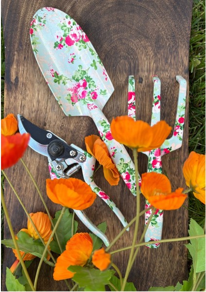 3lü Pastel Çiçek Desenli Bahçe Aletleri Seti, Kürek, Gül Çiçek Budama Makası, Tırmık indirimleri