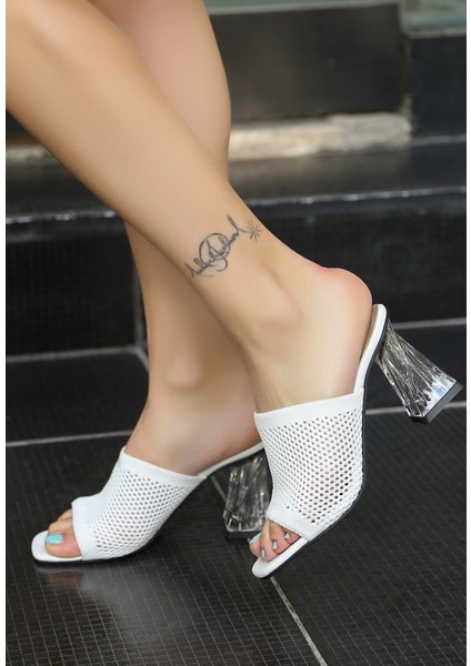 Akva Beyaz Triko Şeffaf Topuklu Terlik fırsatları