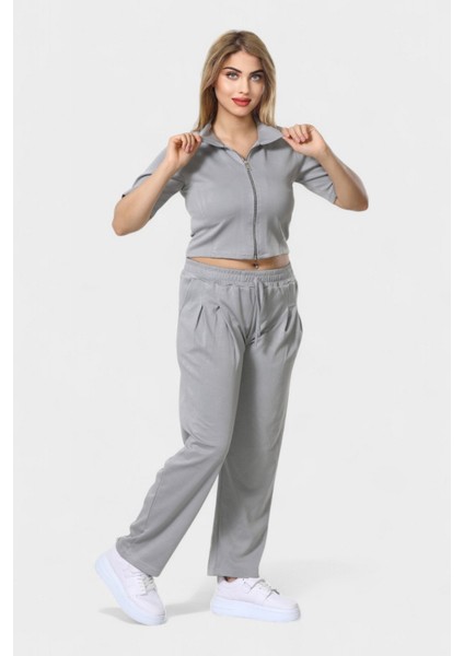 Polo Yaka Ferumar Detaylı Cepli Pamuklu Tüylenmez Rahat Kalıp Bluz ve Pantolon Takım - Gri modelleri