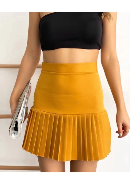 Altı Pliseli Mini Etek Hardal S24705 fiyatları