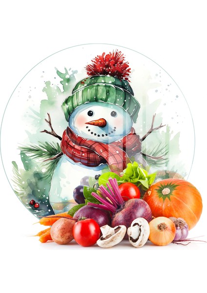 Cam Kesme Tahtası ve Sunumluk Yuvarlak Kardan Adam Desenli 30 x 30 cm