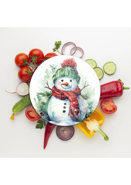 Cam Kesme Tahtası ve Sunumluk Yuvarlak Kardan Adam Desenli 30 x 30 cm modelleri