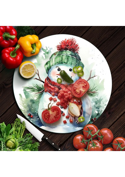 Cam Kesme Tahtası ve Sunumluk Yuvarlak Kardan Adam Desenli 30 x 30 cm fırsatları