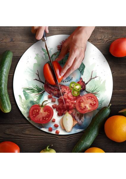 Cam Kesme Tahtası ve Sunumluk Yuvarlak Kardan Adam Desenli 30 x 30 cm indirimleri