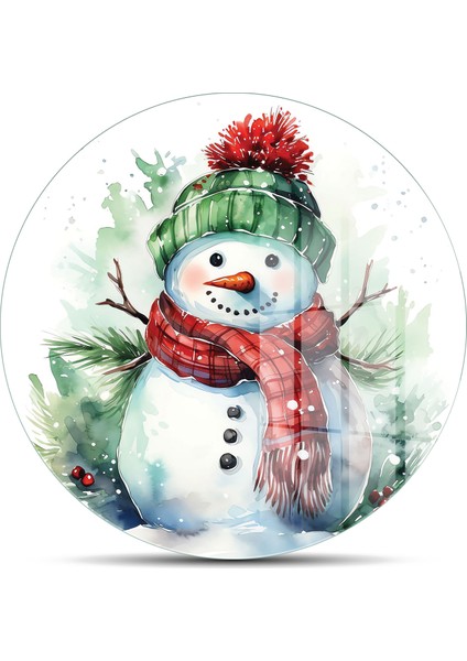 Cam Kesme Tahtası ve Sunumluk Yuvarlak Kardan Adam Desenli 30 x 30 cm