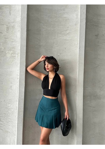 Pileli Düğmeli Etek Yeşil S24811 fırsatları