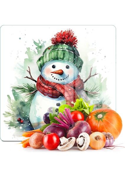 Cam Kesme Tahtası ve Sunumluk Kare Kardan Adam Desenli 30 x 30 cm