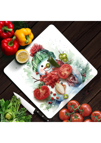 Cam Kesme Tahtası ve Sunumluk Kare Kardan Adam Desenli 30 x 30 cm modelleri