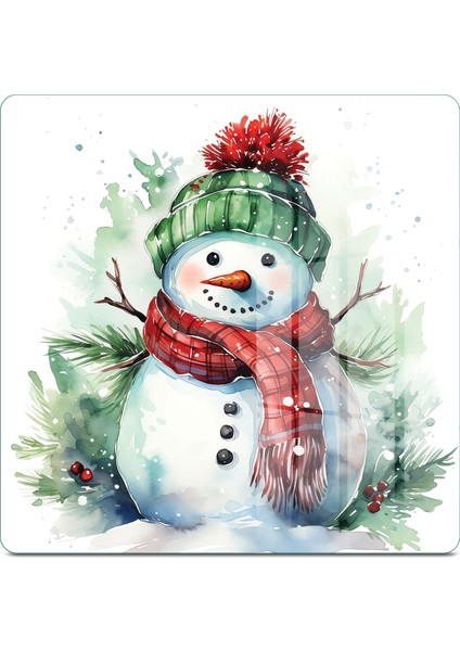 Cam Kesme Tahtası ve Sunumluk Kare Kardan Adam Desenli 30 x 30 cm