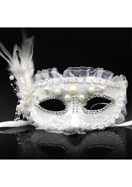 Beyaz Renk Yandan Tüylü Inci Işlemeli Taşlı Dantelli Parti Maskesi 17X12 cm