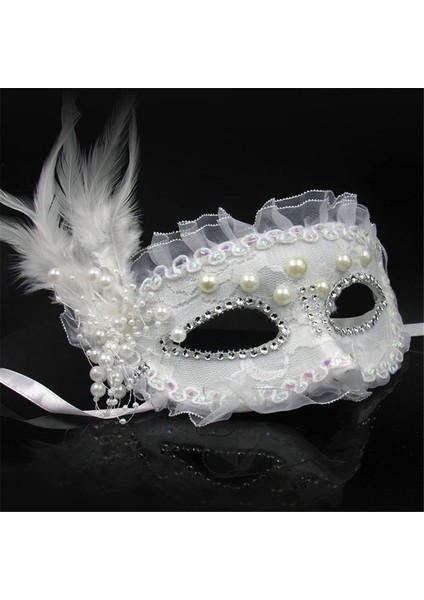 Beyaz Renk Yandan Tüylü Inci Işlemeli Taşlı Dantelli Parti Maskesi 17X12 cm fiyatları