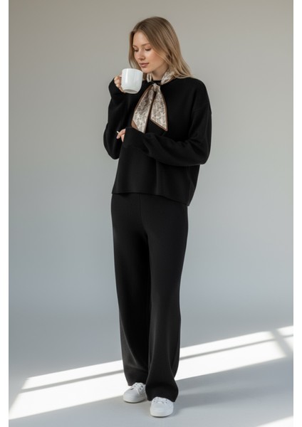 Fularlı Biskilet Yaka Geniş Paça Ikili Triko Set - Siyah