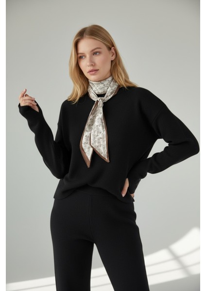 Fularlı Biskilet Yaka Geniş Paça Ikili Triko Set - Siyah modelleri