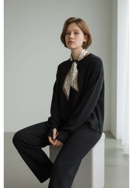 Fularlı Biskilet Yaka Geniş Paça Ikili Triko Set - Siyah fırsatları