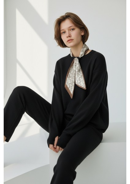 Fularlı Biskilet Yaka Geniş Paça Ikili Triko Set - Siyah indirimleri