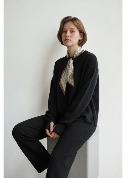 Fularlı Biskilet Yaka Geniş Paça Ikili Triko Set - Siyah