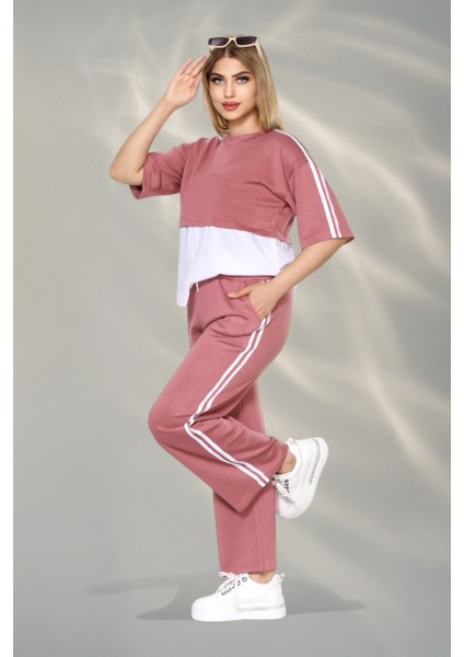 Kadın Spor-Şık Takım – Düğme Detaylı Üst & Yan Şeritli Pantolon - Gül Kurusu fiyatları