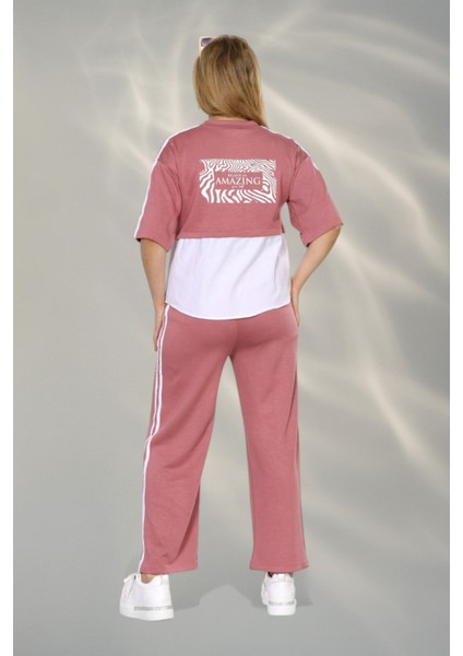 Kadın Spor-Şık Takım – Düğme Detaylı Üst & Yan Şeritli Pantolon - Gül Kurusu modelleri