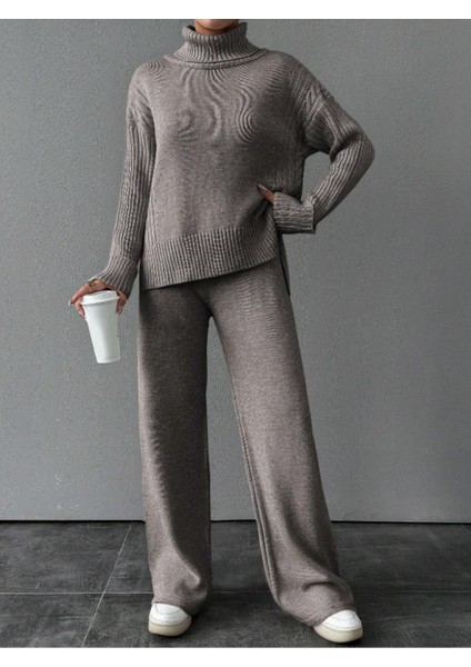 Kadın Fitilli Yaka Saç Örgü Desenli Yanlardan Yırtmaçlı Triko Takım Antrasit - Koyu Gri indirimleri