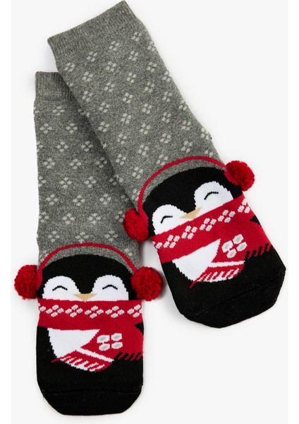 Ponpon Detaylı Pamuklu Penguen Desenli Yılbaşı Çorabı