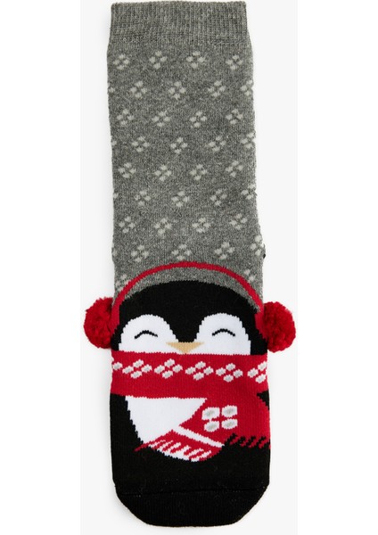 Ponpon Detaylı Pamuklu Penguen Desenli Yılbaşı Çorabı fiyatları