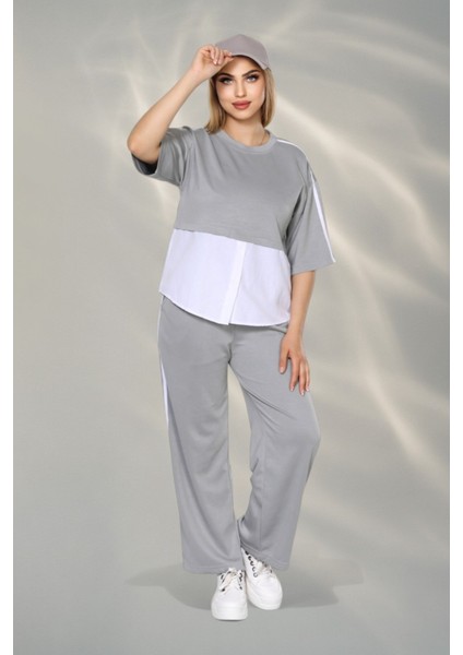 Kadın Spor-Şık Takım – Düğme Detaylı Üst & Yan Şeritli Pantolon - Gri fiyatları