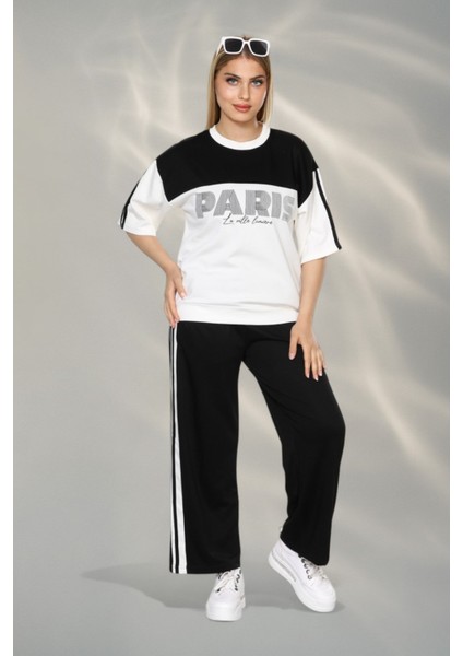 Paris Temalı Kumaş Yumşak Dokulu Yan Şeritli Bluz ve Pantolon Alt Üst Takım - Siyah