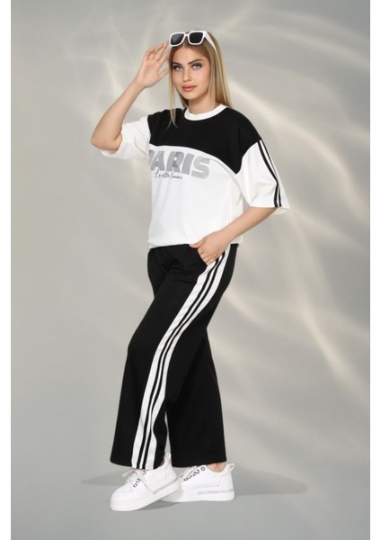 Paris Temalı Kumaş Yumşak Dokulu Yan Şeritli Bluz ve Pantolon Alt Üst Takım - Siyah fiyatları