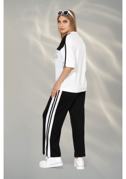 Paris Temalı Kumaş Yumşak Dokulu Yan Şeritli Bluz ve Pantolon Alt Üst Takım - Siyah modelleri