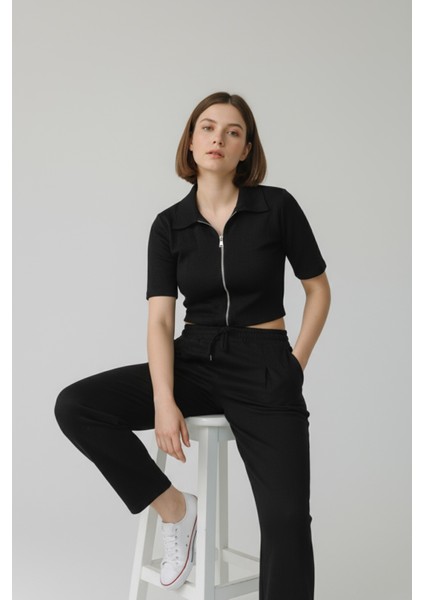 Kadın Fermuarlı Crop Üst & Beli Lastikli Pensli Rahat Kesim Ikili Takım - Siyah