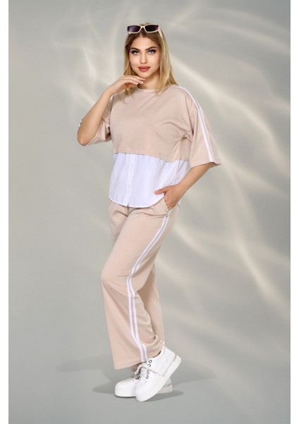 Kadın Spor-Şık Takım – Düğme Detaylı Üst & Yan Şeritli Pantolon - Bej fiyatları