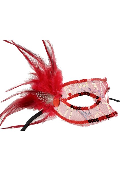 Kırmızı Renk Yandan Tüylü Pul Payet Işlemeli Parti Maskesi 23X12 cm modelleri