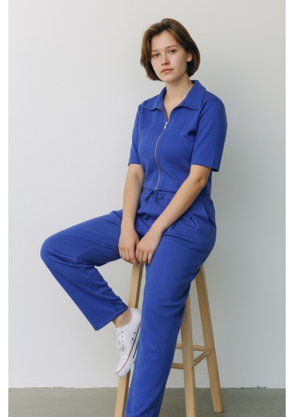 Kadın Fermuarlı Crop Üst & Beli Lastikli Pensli Rahat Kesim Ikili Takım - Mavi fırsatları