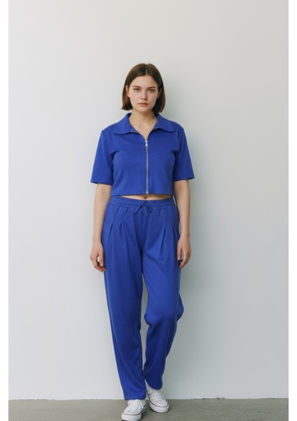 Kadın Fermuarlı Crop Üst & Beli Lastikli Pensli Rahat Kesim Ikili Takım - Mavi indirimleri