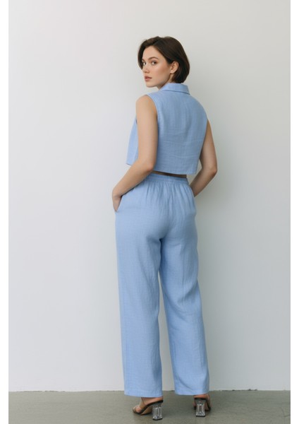 Kadın Bebe Mavisi Keten Ikili Takım – Düğmeli Crop Üst ve Lastikli Bol Paça Pantolon - Mavi fırsatları