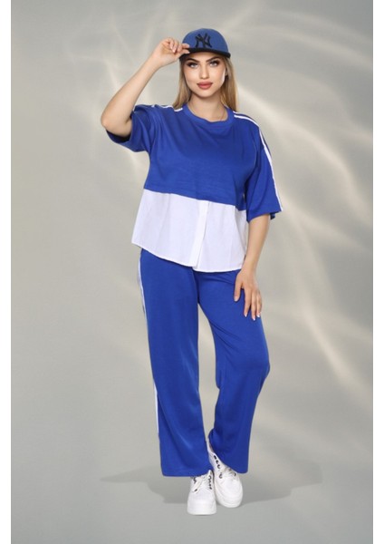 Kadın Spor-Şık Takım – Düğme Detaylı Üst & Yan Şeritli Pantolon - Mavi