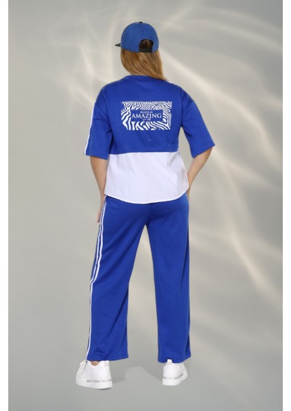 Kadın Spor-Şık Takım – Düğme Detaylı Üst & Yan Şeritli Pantolon - Mavi fiyatları