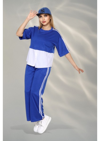 Kadın Spor-Şık Takım – Düğme Detaylı Üst & Yan Şeritli Pantolon - Mavi modelleri