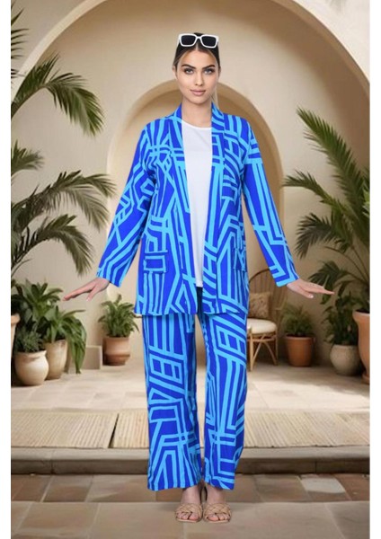 3 Parça Geometrik Desenli Takım – Yazlık Şıklığın Yeni Hali” - Mavi