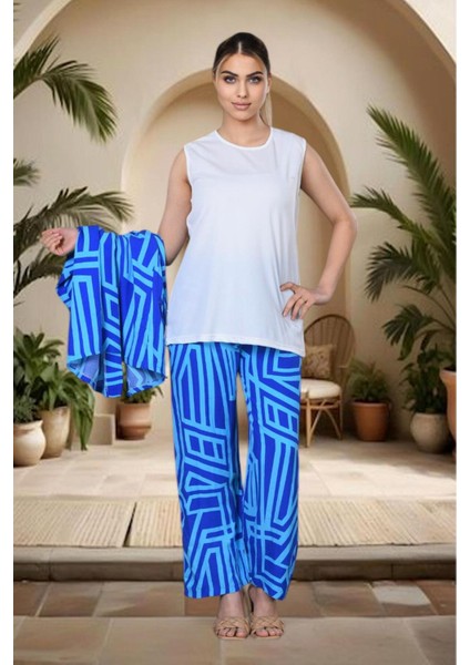3 Parça Geometrik Desenli Takım – Yazlık Şıklığın Yeni Hali” - Mavi modelleri