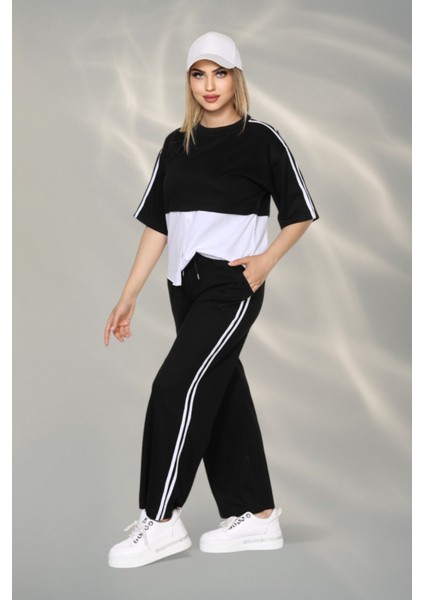 Kadın Spor-Şık Takım – Düğme Detaylı Üst & Yan Şeritli Pantolon - Siyah fiyatları
