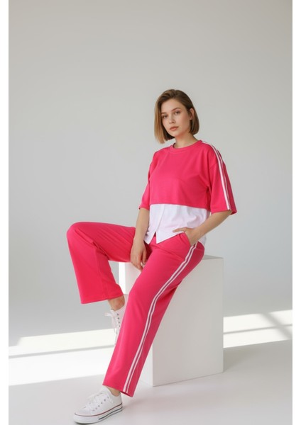Kadın Spor-Şık Takım – Düğme Detaylı Üst & Yan Şeritli Pantolon - Fuşya