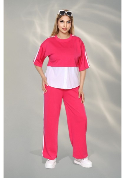 Kadın Spor-Şık Takım – Düğme Detaylı Üst & Yan Şeritli Pantolon - Fuşya fiyatları
